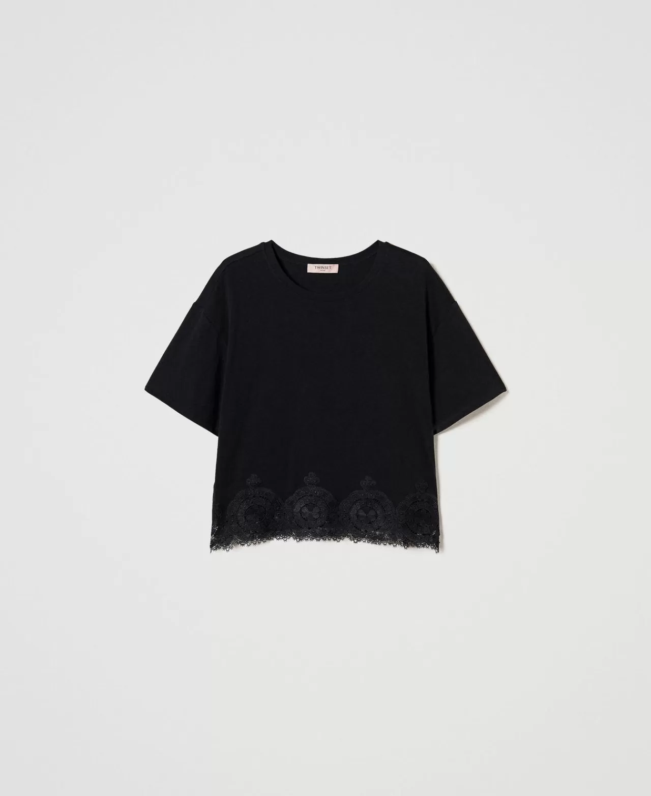 TWINSET Milano Cropped T-Shirt Mit Makrameespitze